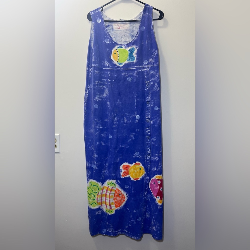 Vintage 90s Campers HandPainted Dress USA Made Fish Small Spring Summer